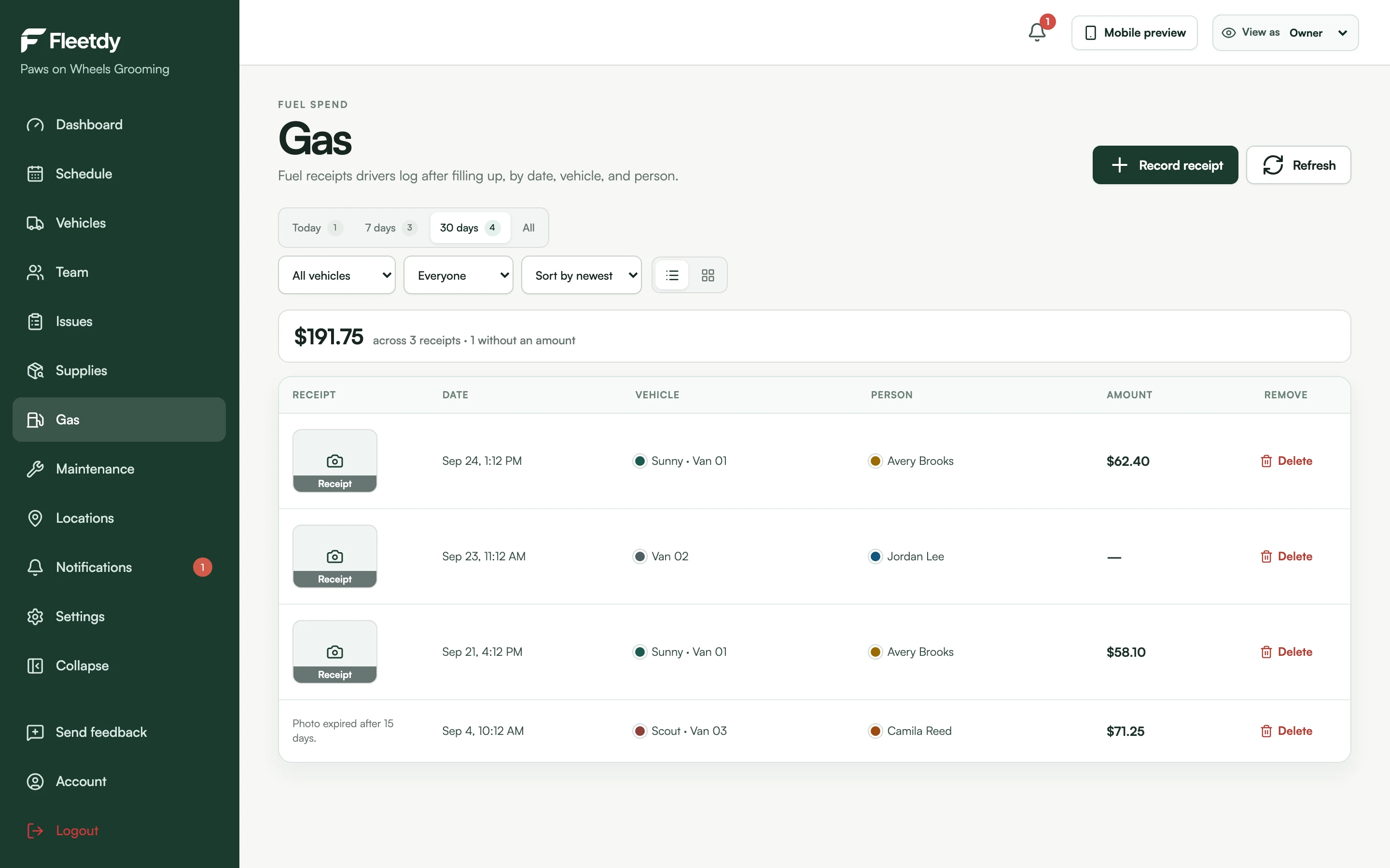 Gas page listing fuel receipts by date, vehicle and person, with filters and a total for the receipts on screen.