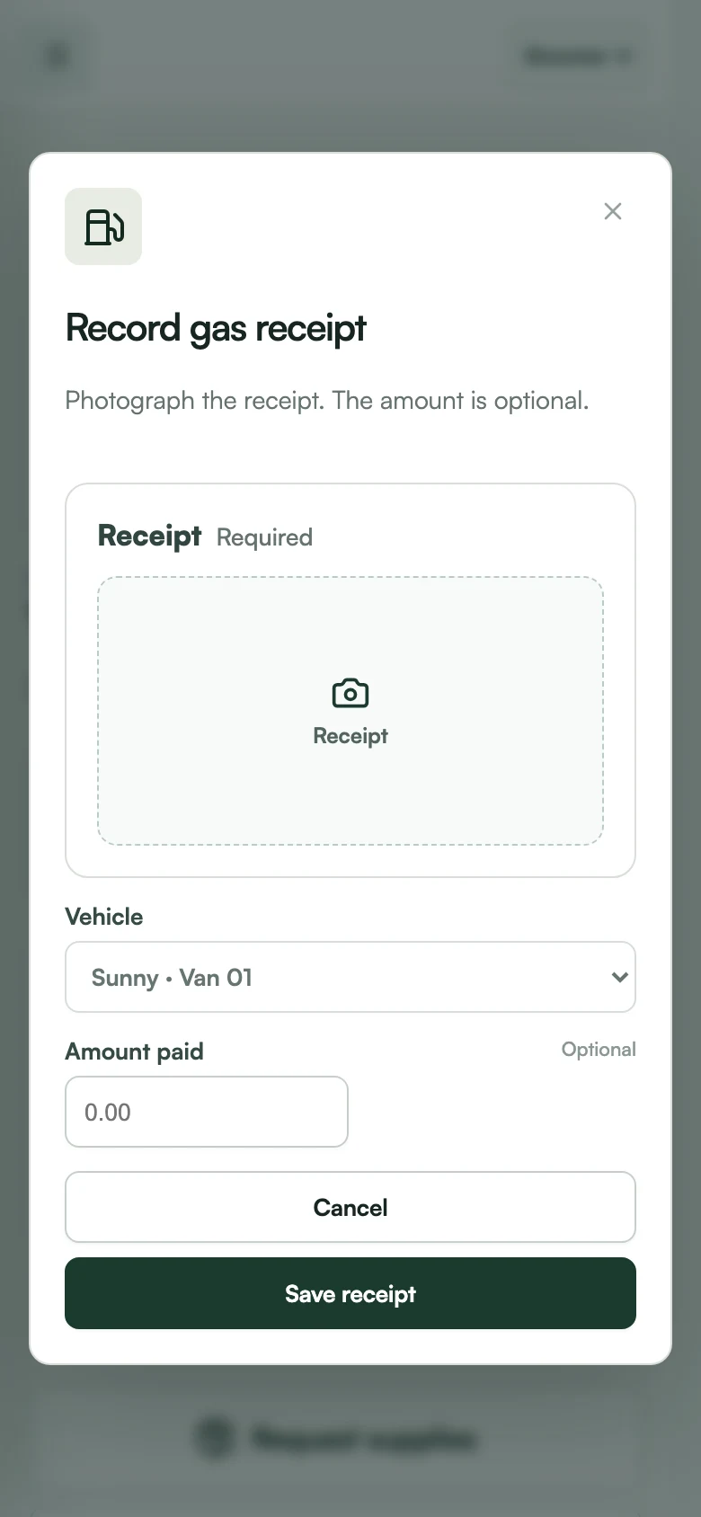 Record gas receipt dialog on a phone: photograph the receipt, confirm the vehicle and optionally type the amount.