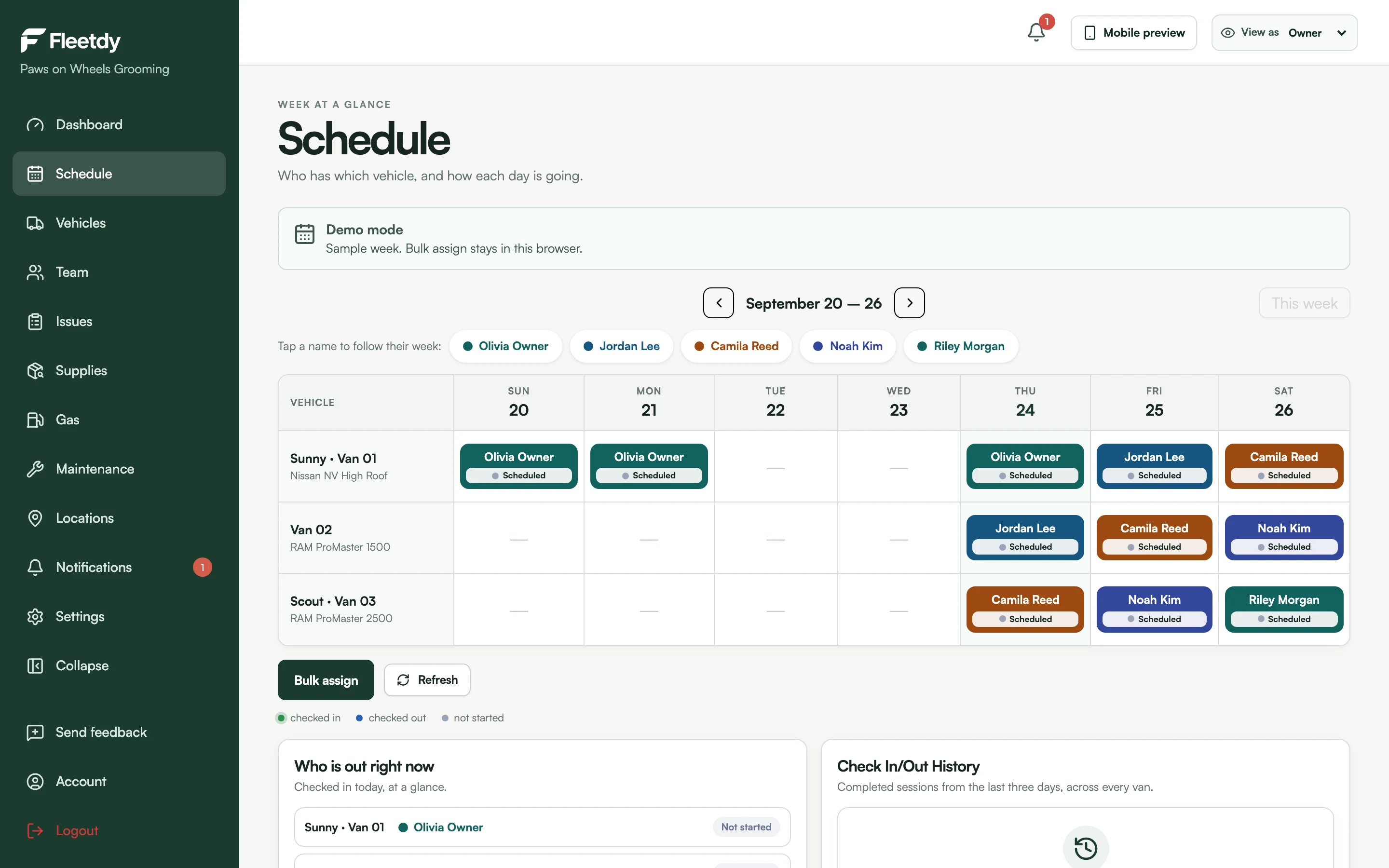 Schedule board on desktop: each van as a row and each day as a column, with the assigned driver in every cell and a Bulk assign action.